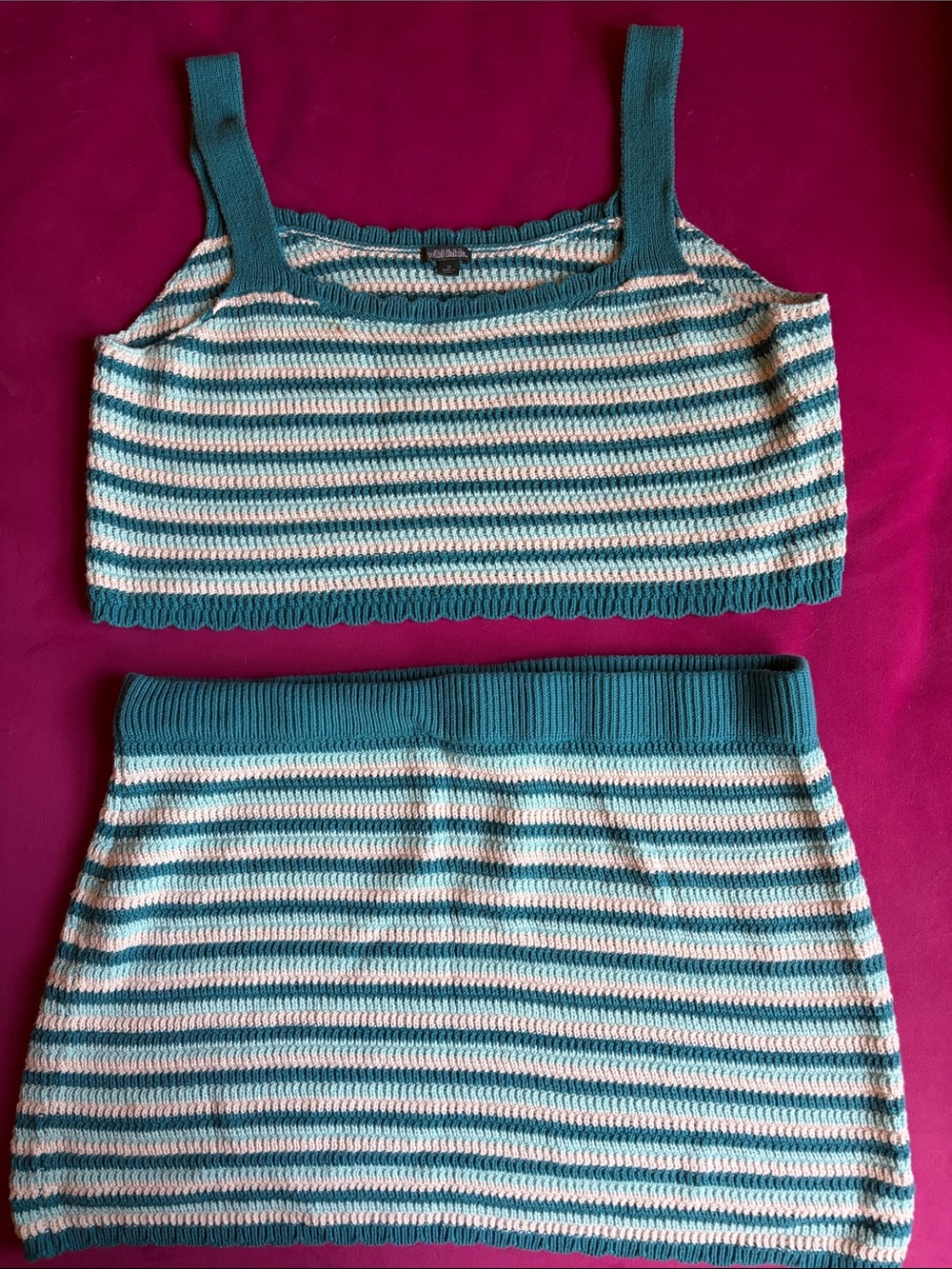 Striped Teal and White Knit Crop Top and Skirt set.